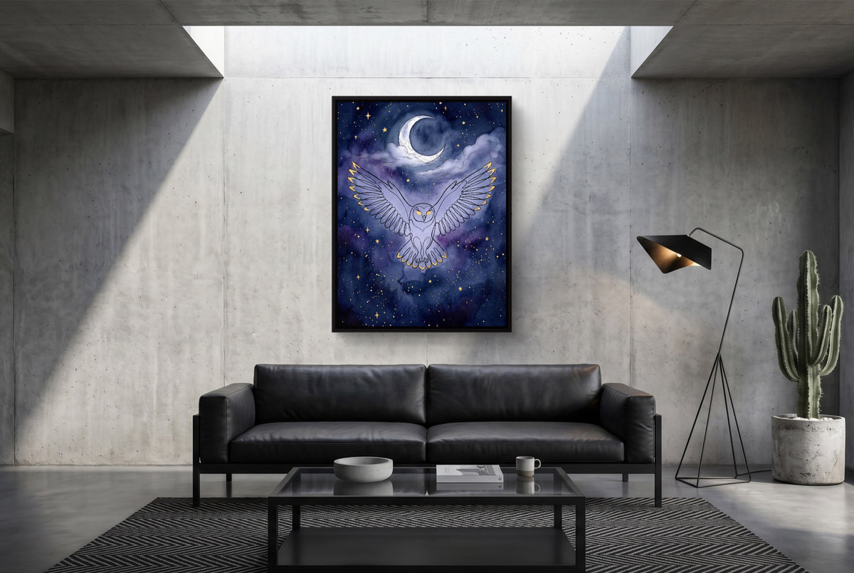 Owl Moonlight Flight — owl moonlight flight modern minimalist living room 1port framed black