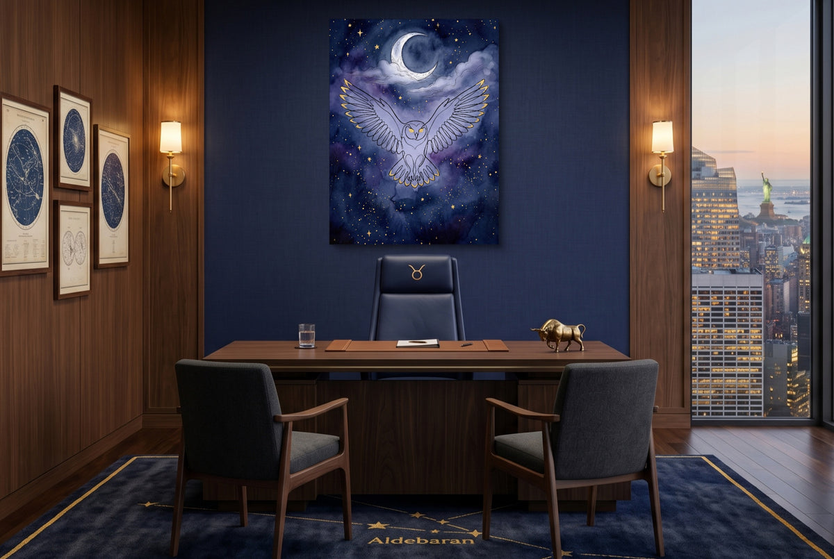 Owl Moonlight Flight — owl moonlight flight office with city view 1port flush print