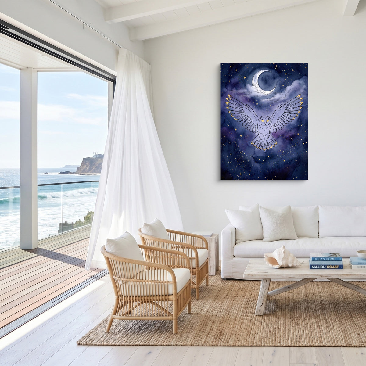 Owl Moonlight Flight — owl moonlight flight sq malibu beach 1port flush print
