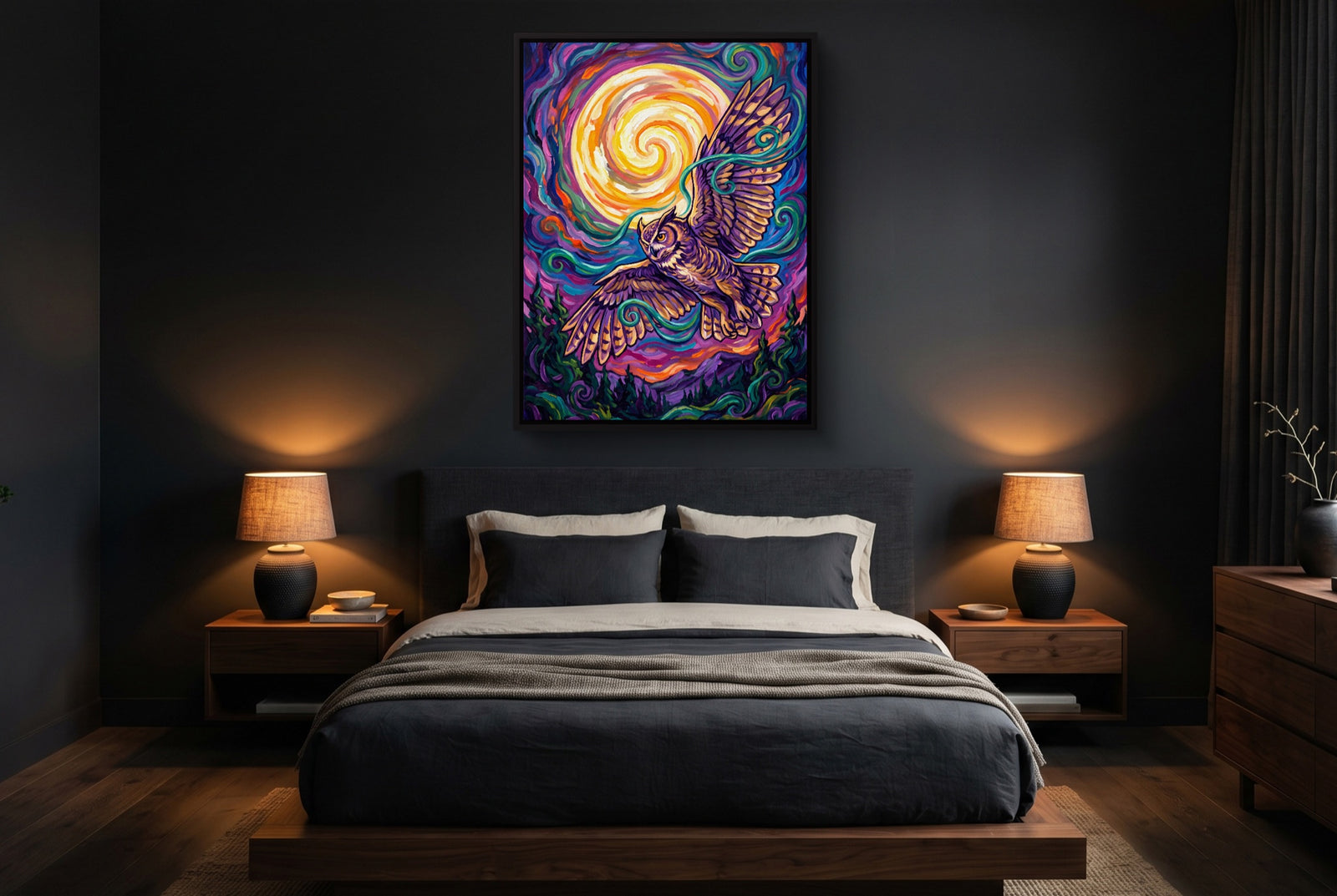 Owl Vibrant Moon — owl vibrant moon white studio framed black