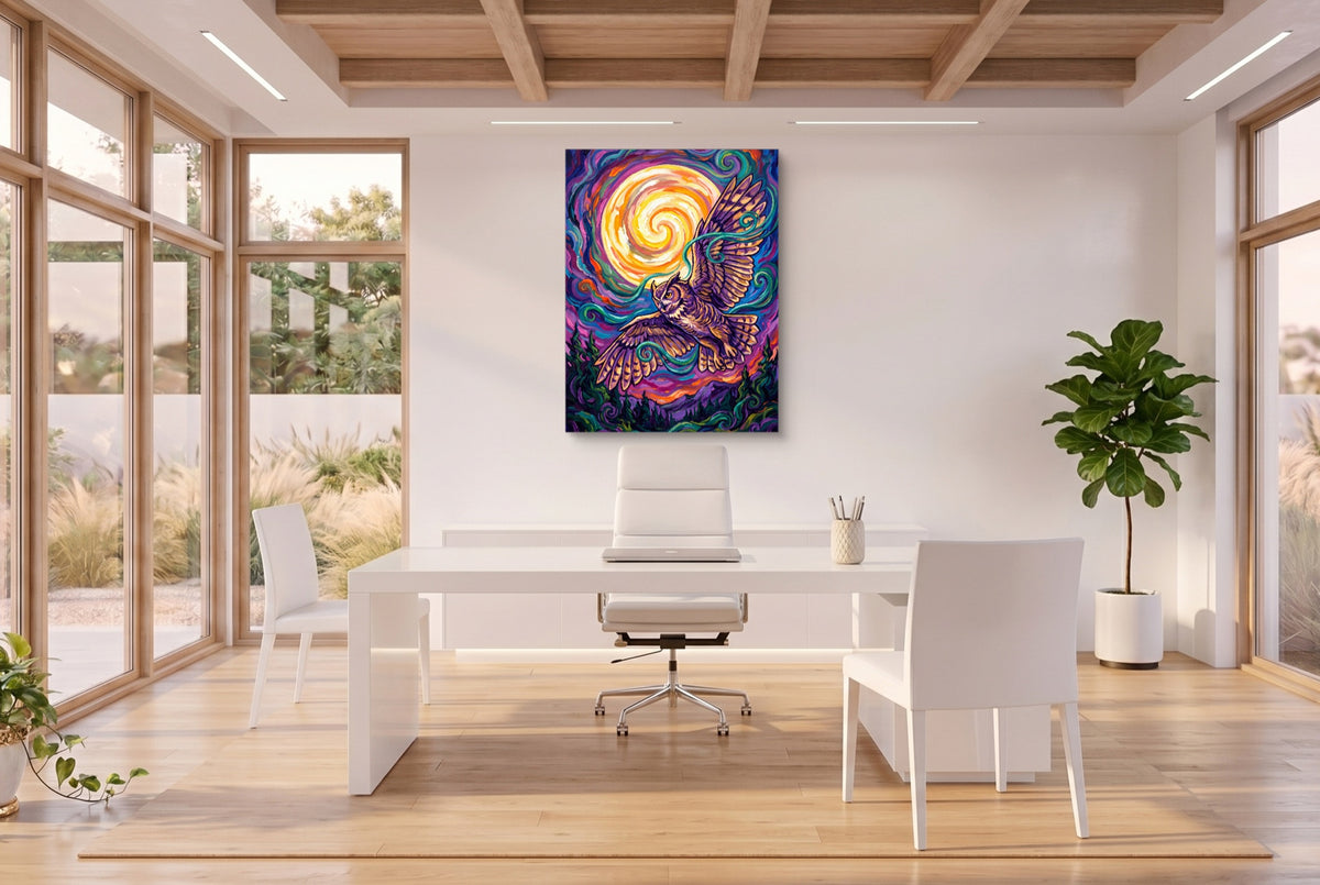 Owl Vibrant Moon — owl vibrant moon office space with desk 3 1port flush print