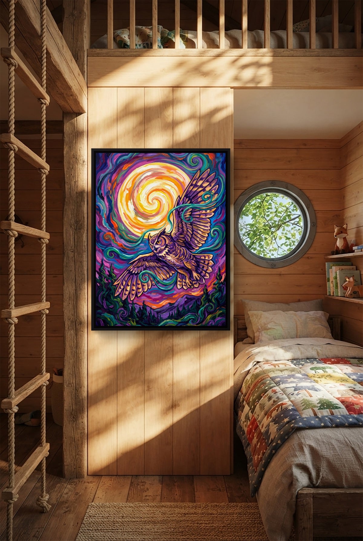 Owl Vibrant Moon — owl vibrant moon p bedroom with loft area 1port framed black