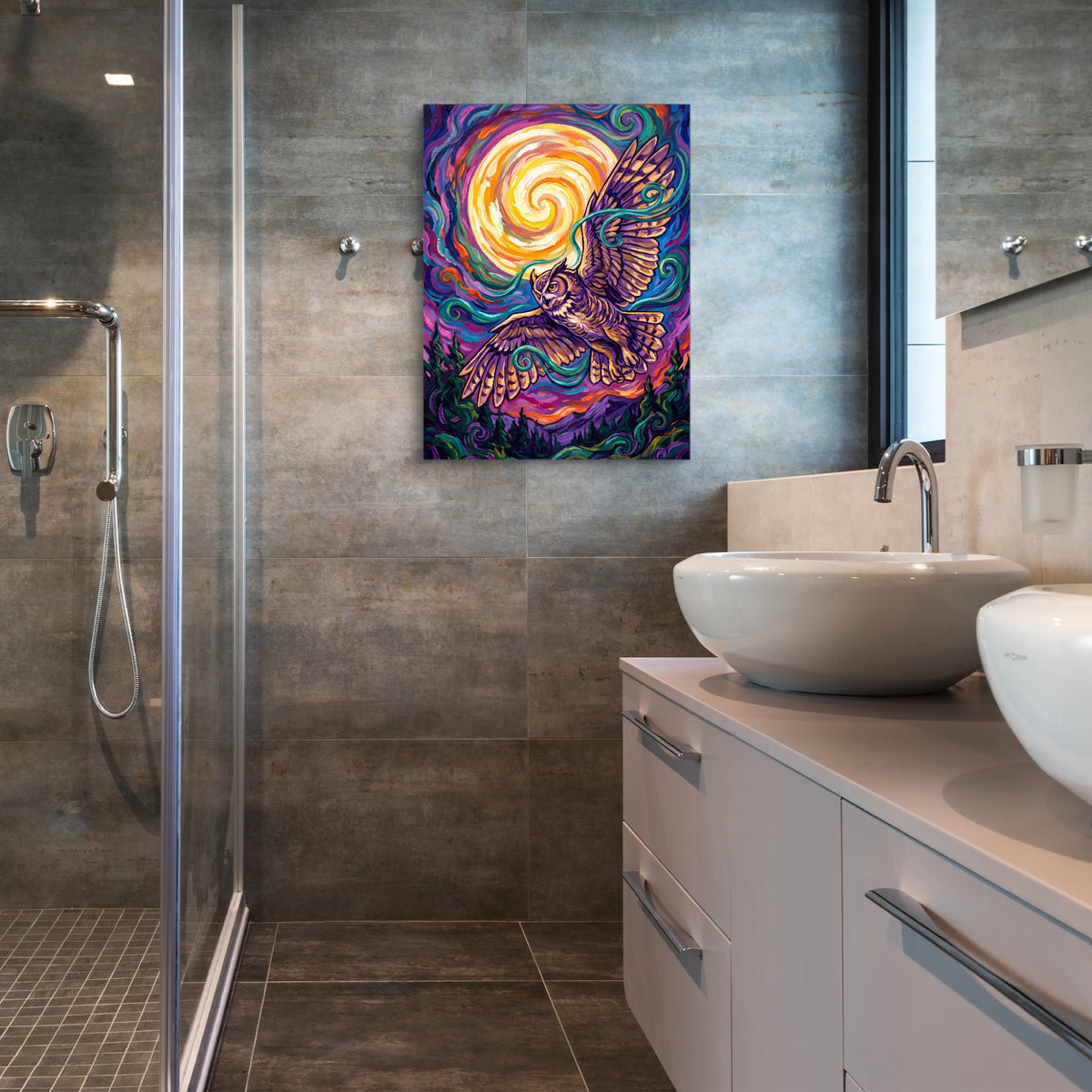 Owl Vibrant Moon — owl vibrant moon sq bathroom 1port flush print