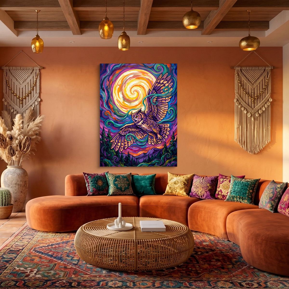 Owl Vibrant Moon — owl vibrant moon sq boho living 1port flush print