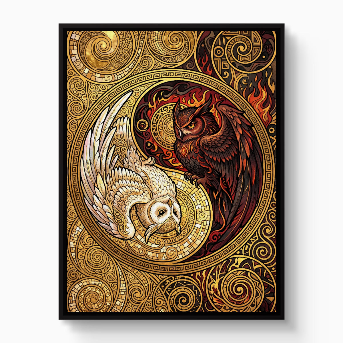 Owls Entwined Mosaic — owls entwined mosaic white studio framed black
