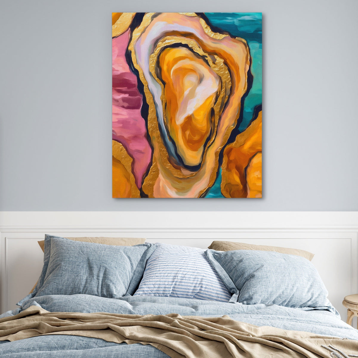 Oyster Dreamscape Gold canvas wall art, room view