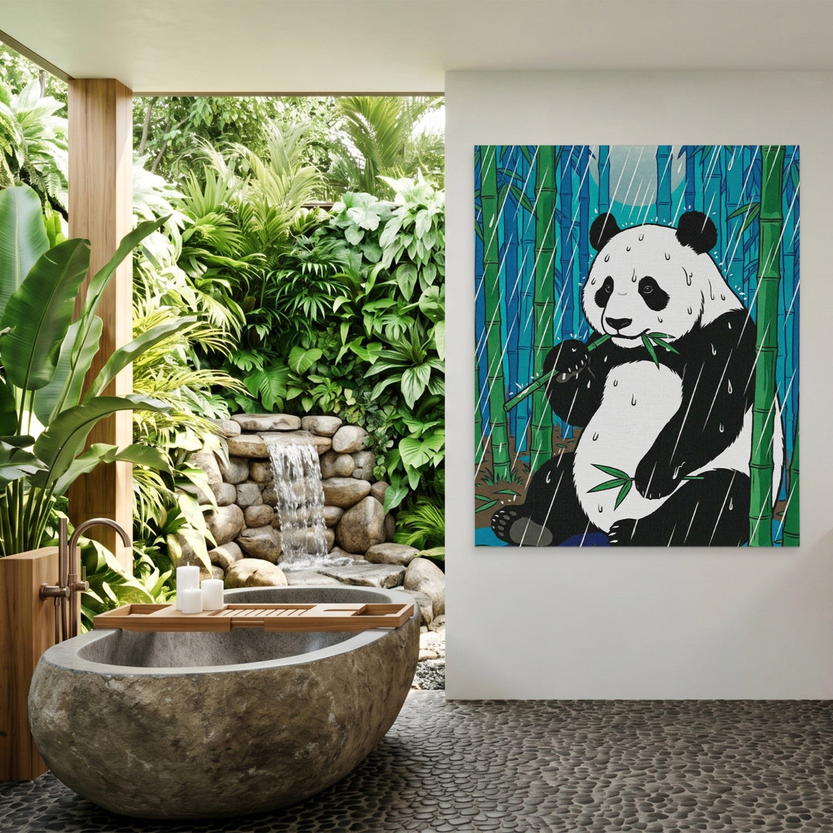 Panda Bamboo Rain canvas wall art, room view