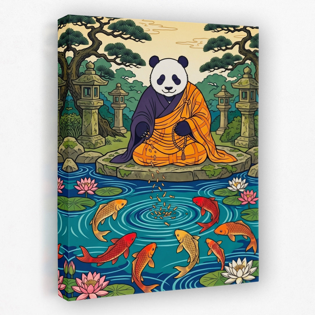 Panda Feeding Koi canvas wall art, room view