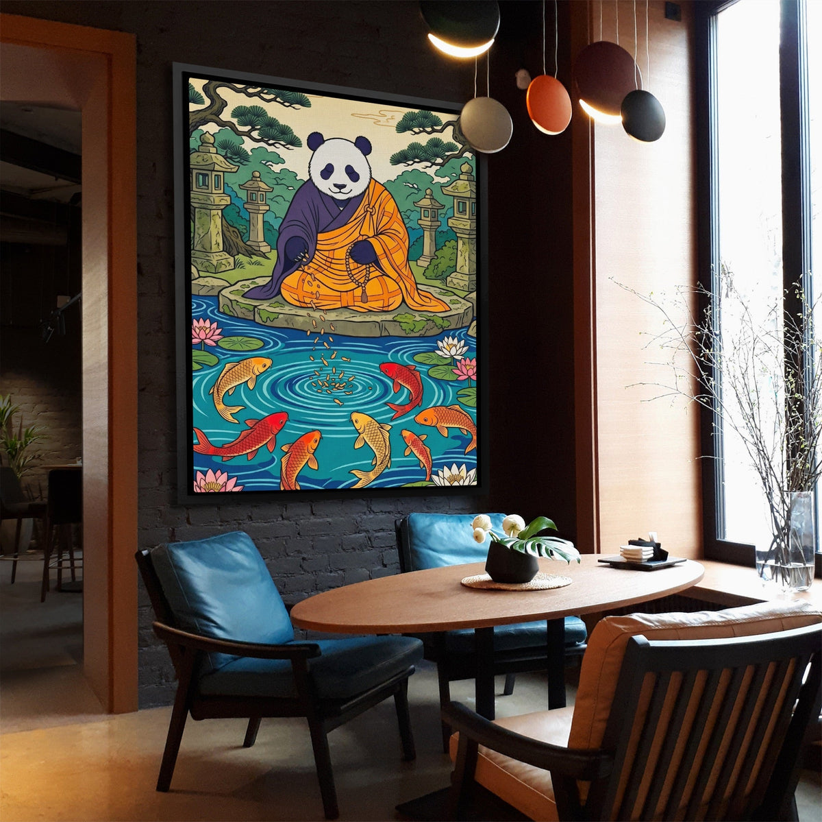 Panda Feeding Koi canvas wall art, room view
