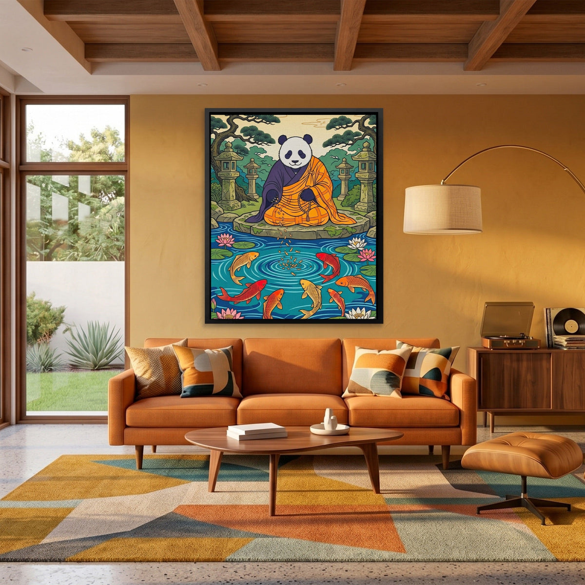 Panda Feeding Koi canvas wall art, room view