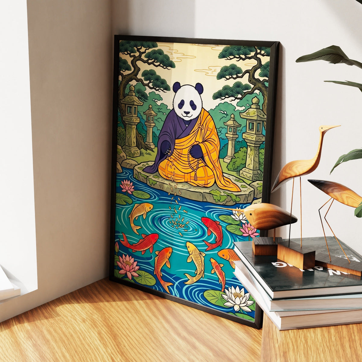 Panda Feeding Koi canvas wall art, room view