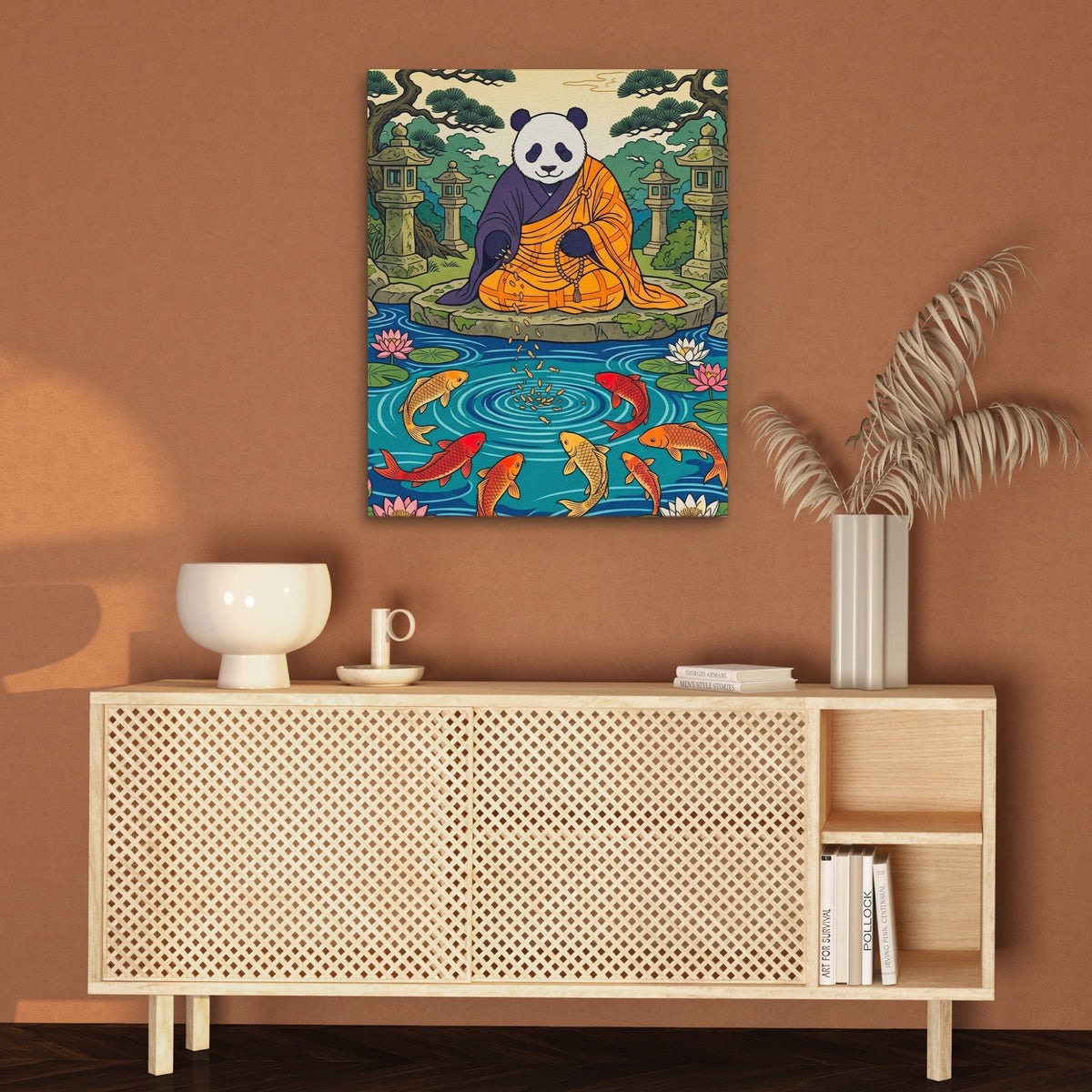 Panda Feeding Koi canvas wall art, room view