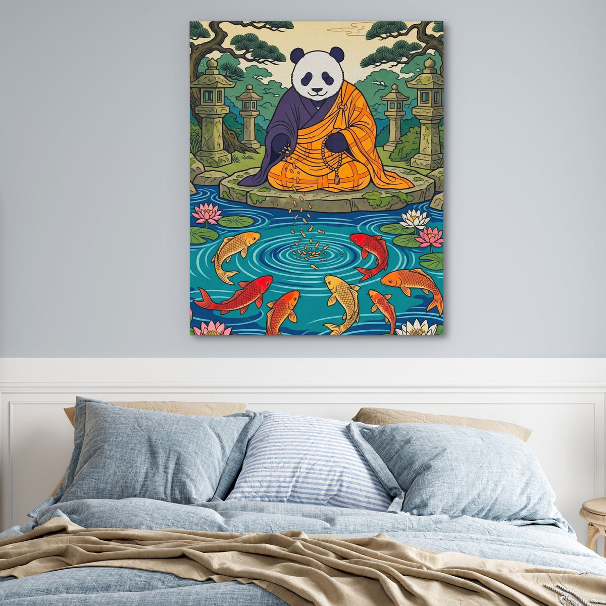 Panda Feeding Koi — Panda Feeding Koi Blue Bedroom 17