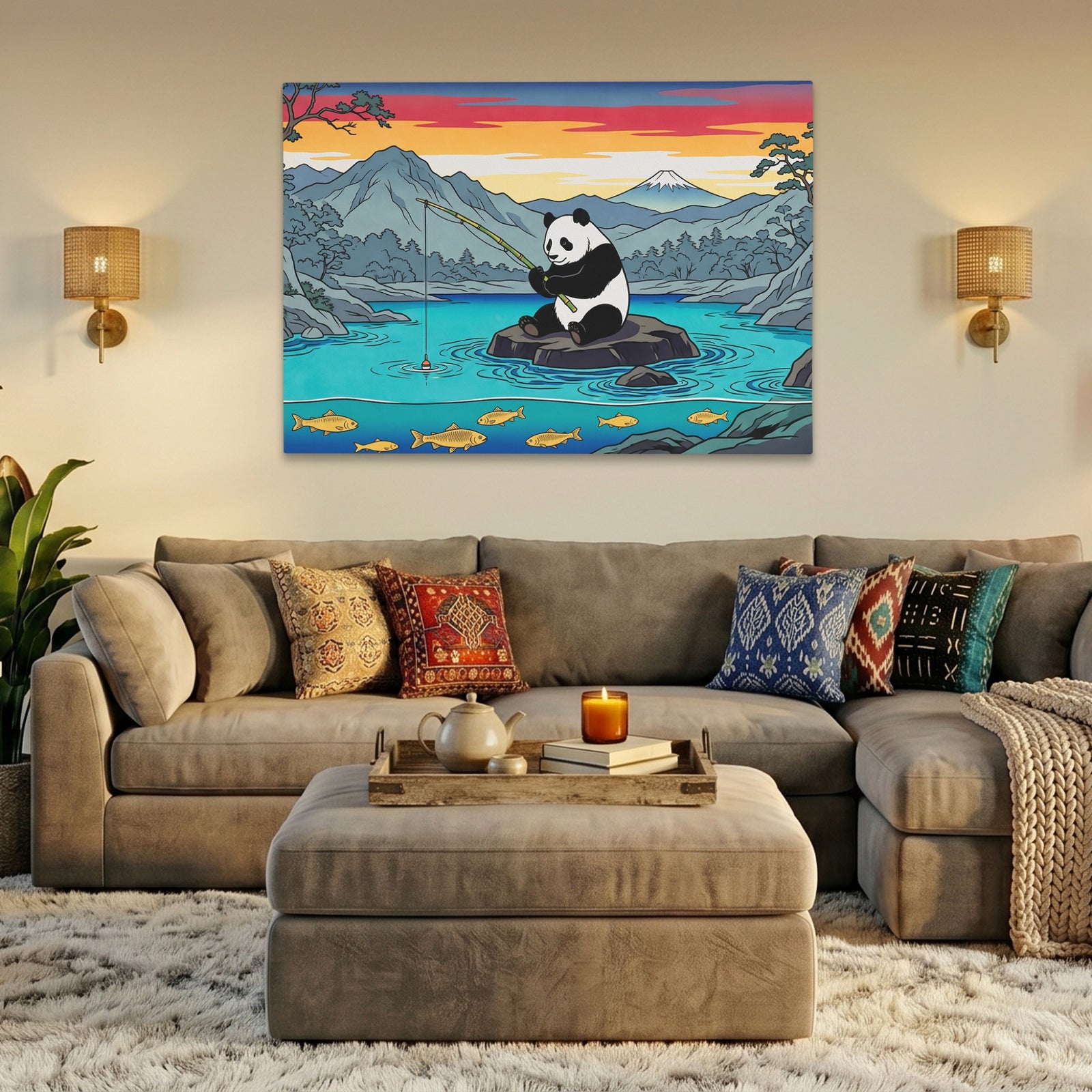 Panda Fishing Sunset canvas wall art