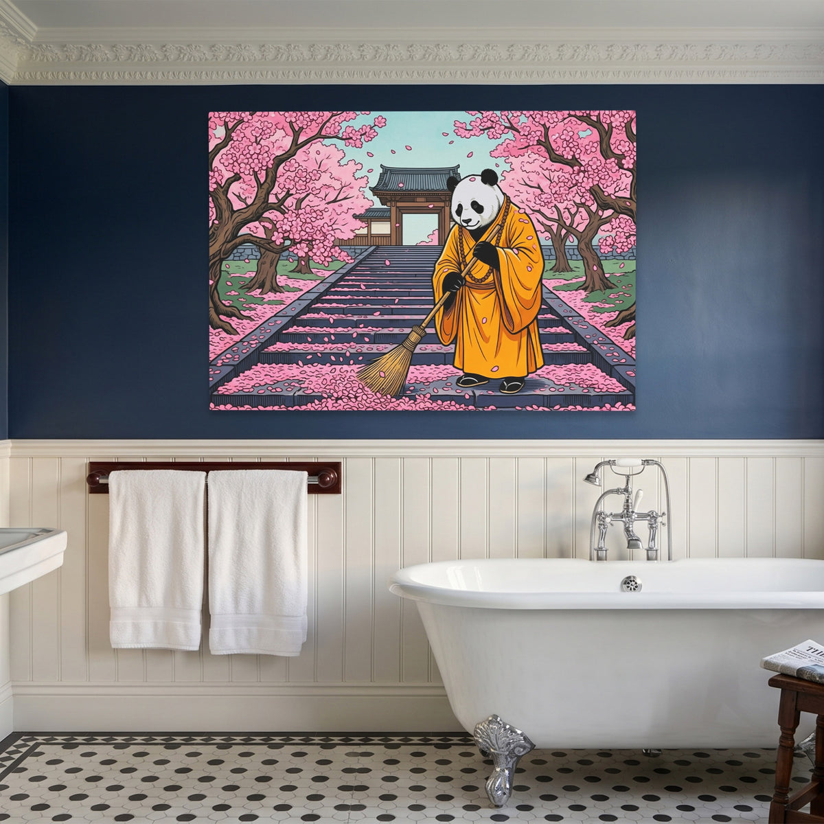 Panda Monk Sweeping — Panda Monk Sweeping Blue Bathroom Land 54