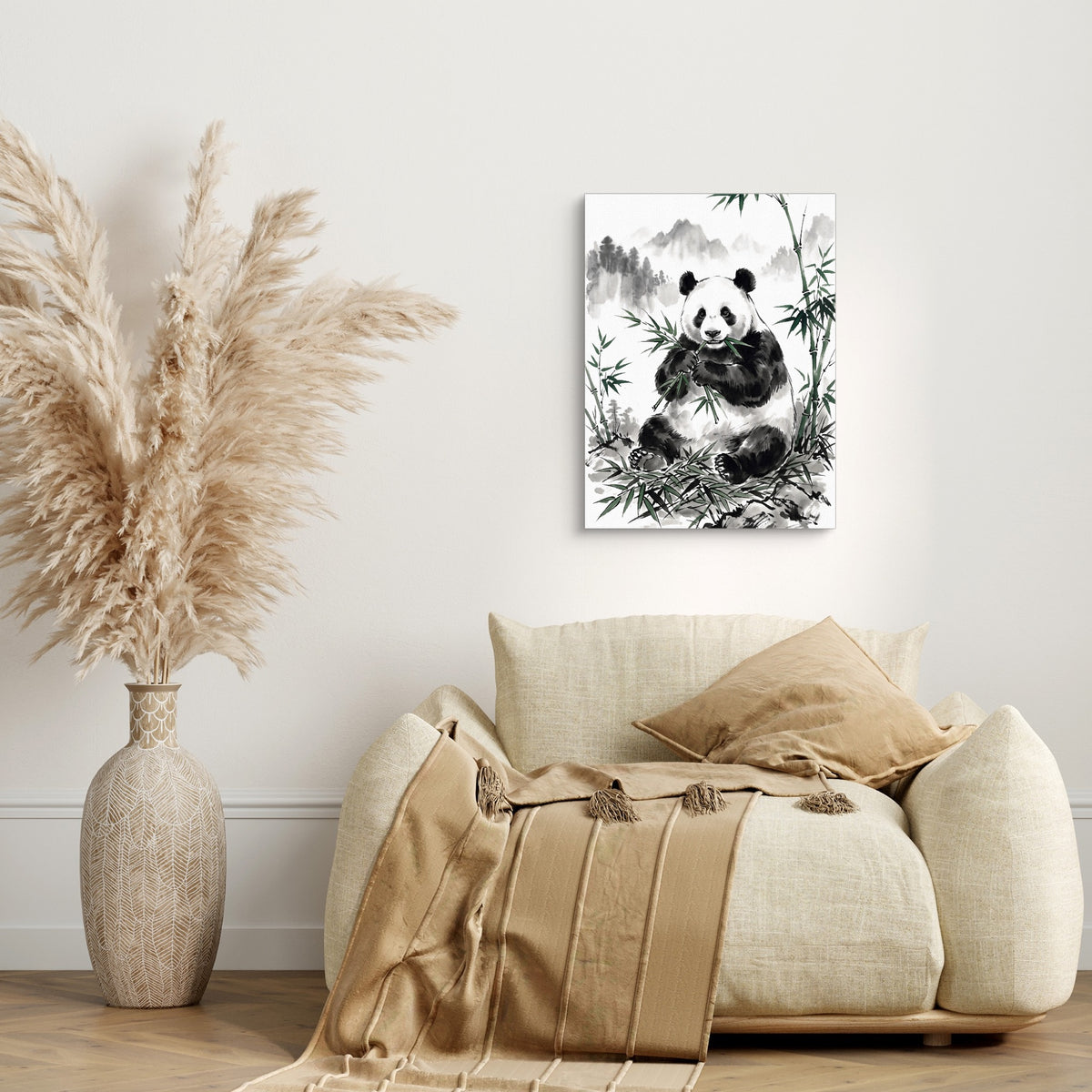 Panda's Feast — panda's feast sq beige couch 1port flush print