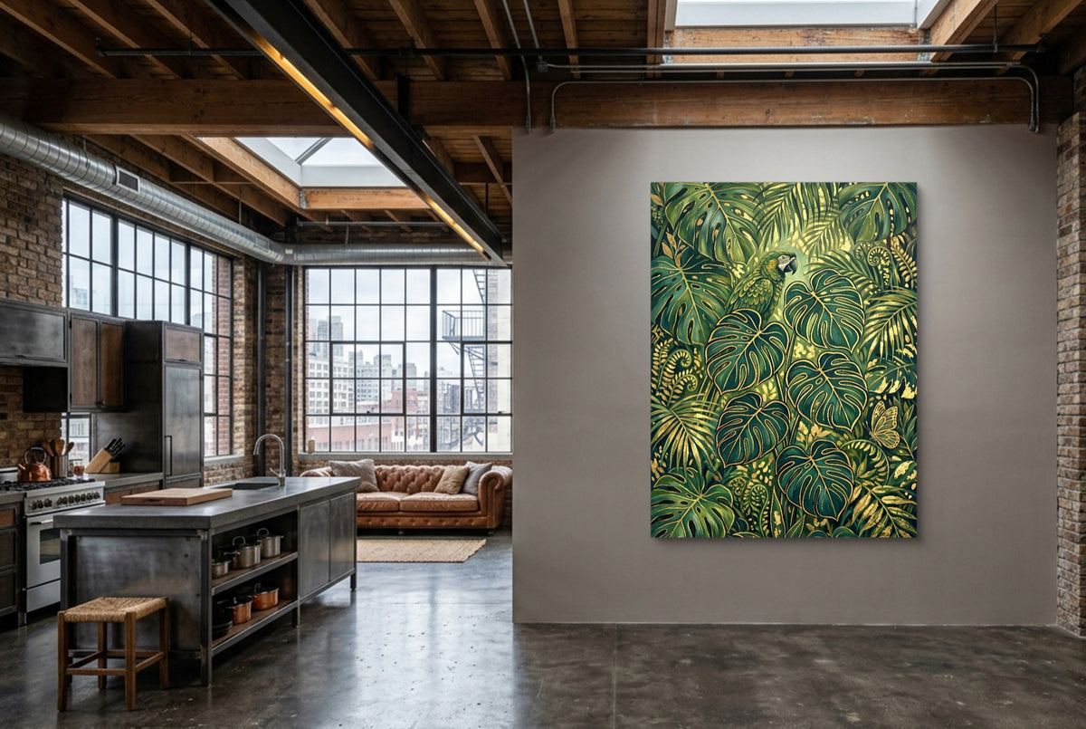 Parrot Golden Jungle — parrot golden jungle kitchen interior with island 1port flush print