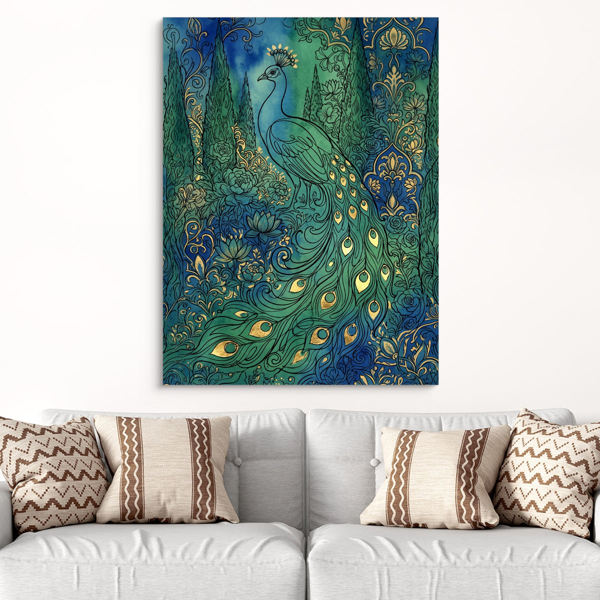 Peacock Emerald Garden — peacock emerald garden sq white groovy couch close 1port flush print