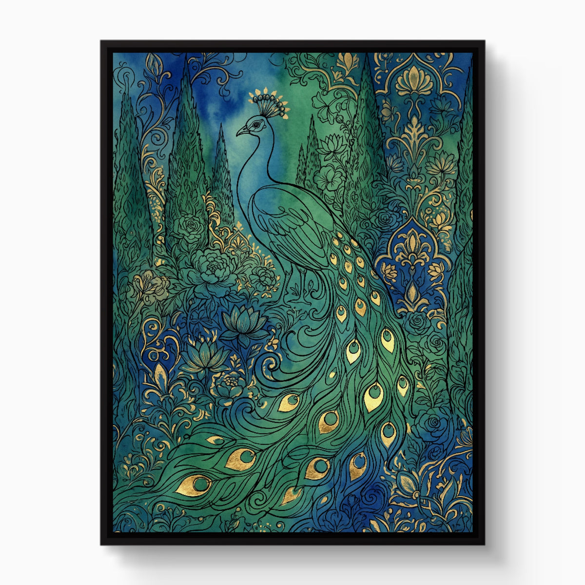 Peacock Emerald Garden — peacock emerald garden white studio framed black