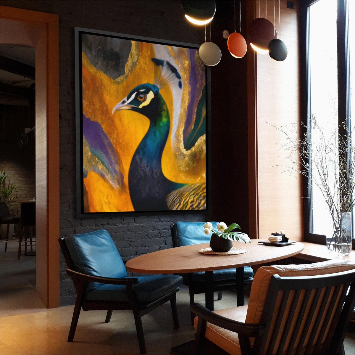 Peacock Gold Maximalist canvas wall art, room view