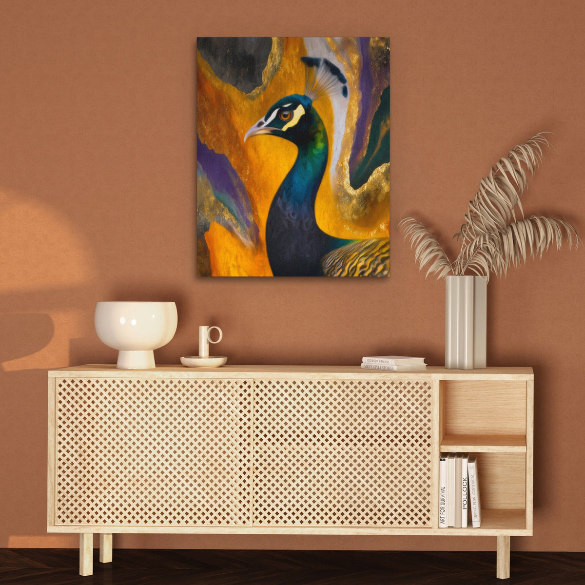 Peacock Gold Maximalist canvas wall art, room view