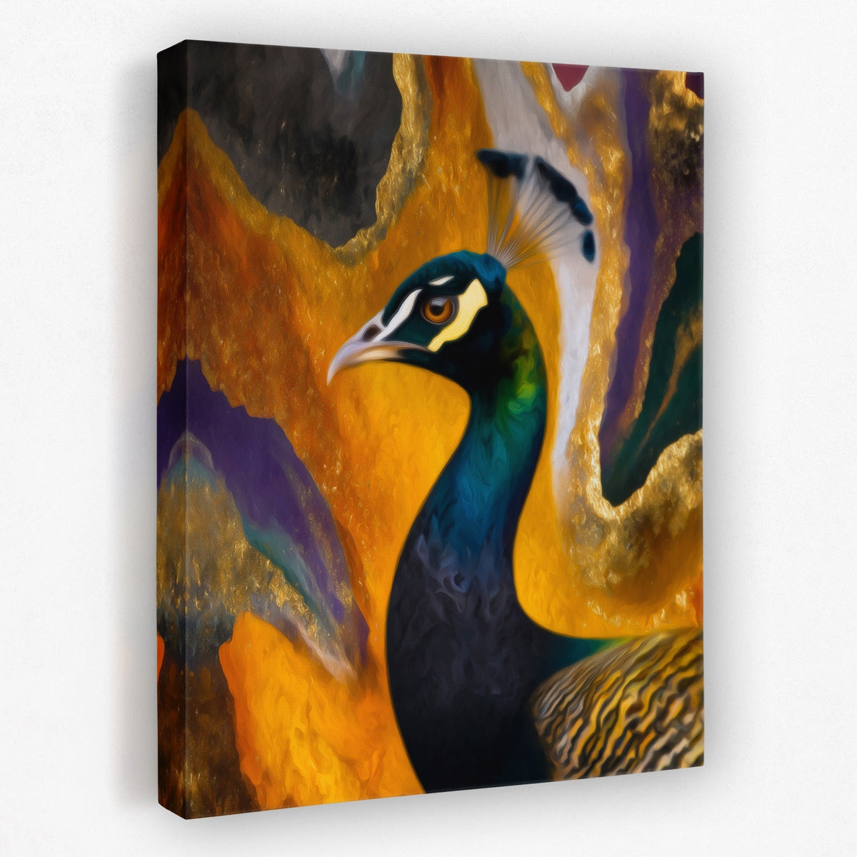 Peacock Gold Maximalist canvas wall art, room view