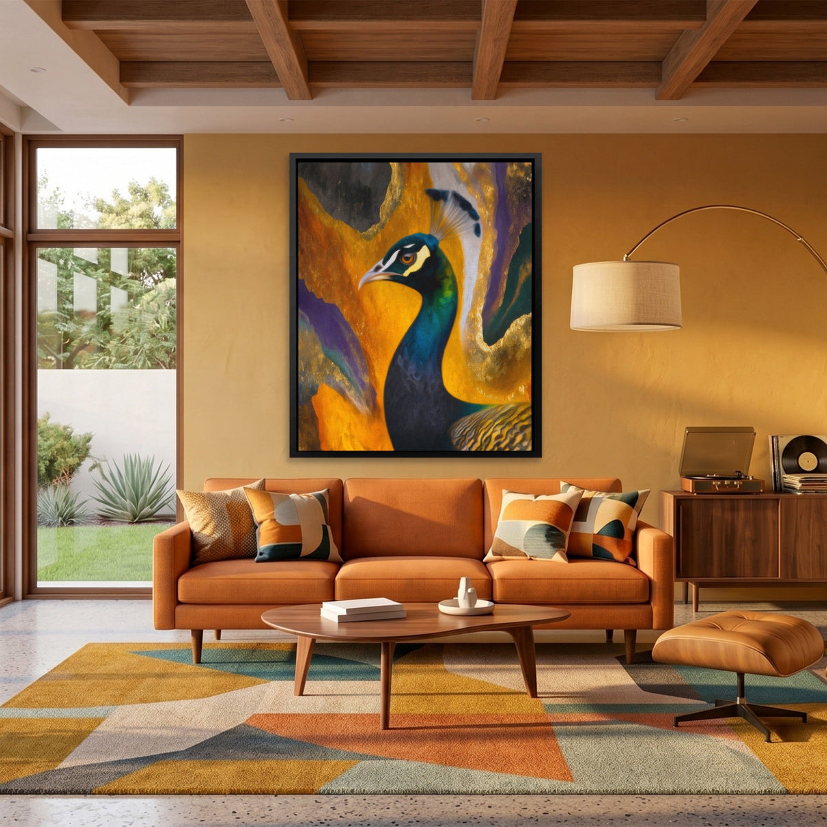 Peacock Gold Maximalist canvas wall art, room view