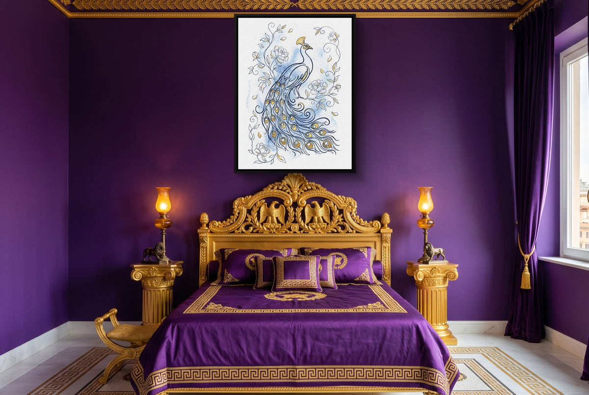 Peacock Golden Feathers — peacock golden feathers purple bedroom with bed 1port framed black