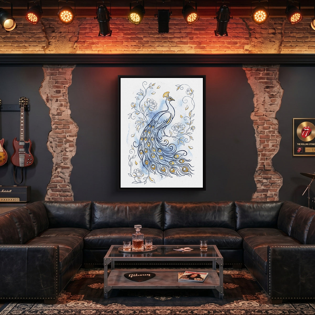 Peacock Golden Feathers — peacock golden feathers sq man cave guitar 1port framed black