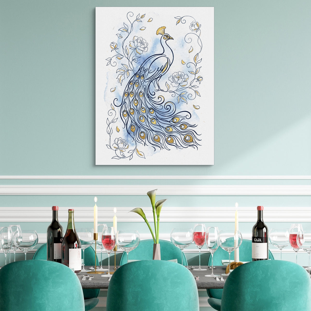 Peacock Golden Feathers — peacock golden feathers sq teal dining room 1port flush print