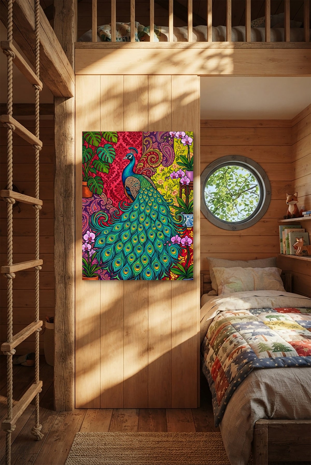 Peacock Unfurled — peacock unfurled p bedroom with loft area 1port flush print