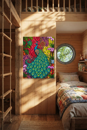 Peacock Unfurled — peacock unfurled p bedroom with loft area 1port flush print
