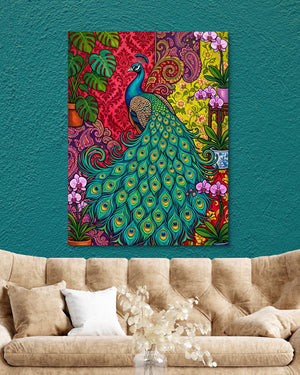 Peacock Unfurled — peacock unfurled psd teal wall tan couch 1port flush print
