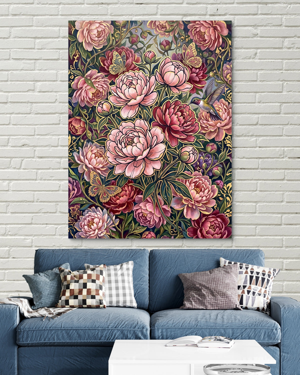 Peonies Golden Bloom — peonies golden bloom psd white bricks blue couch 1port flush print