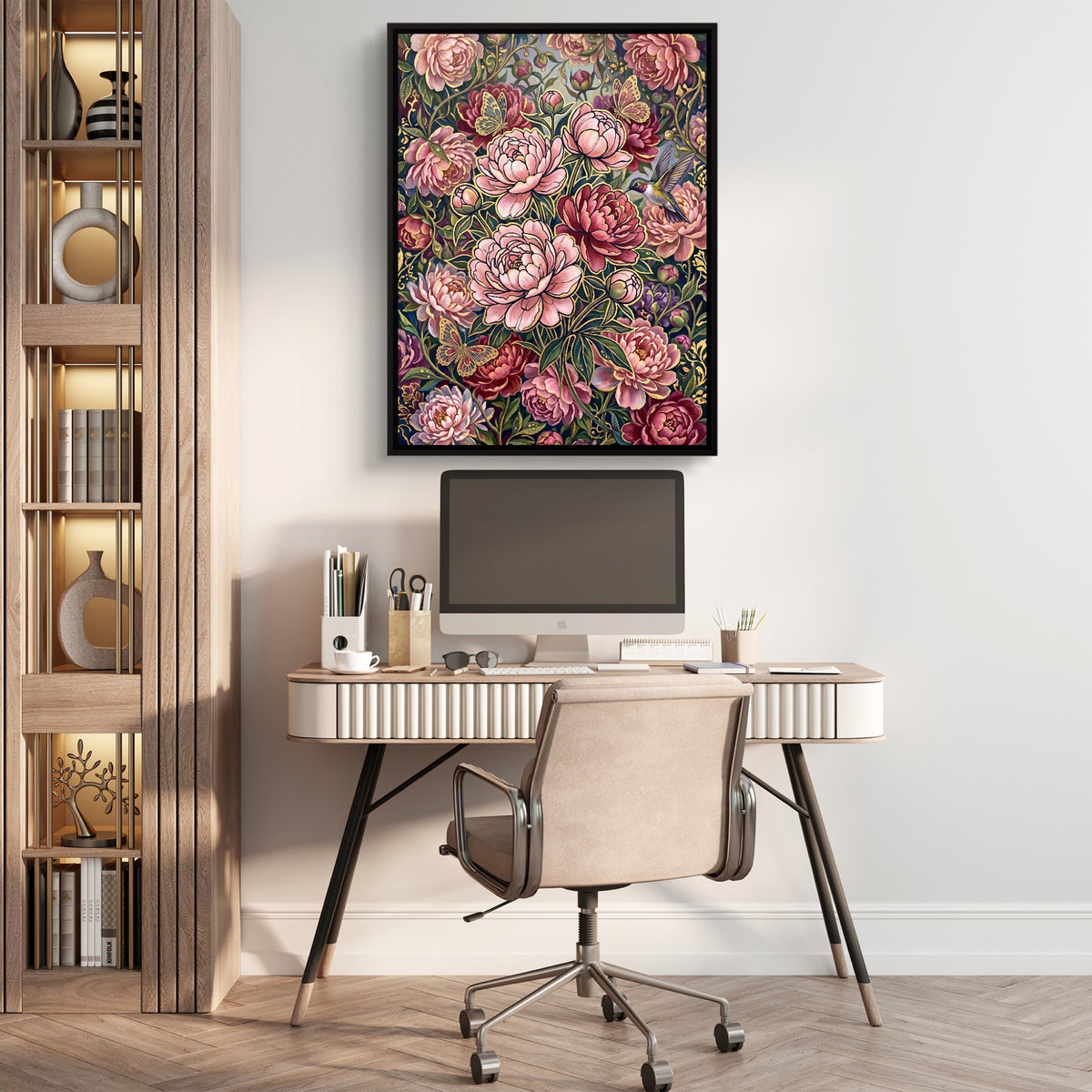 Peonies Golden Bloom — peonies golden bloom sq beige office 1port framed black