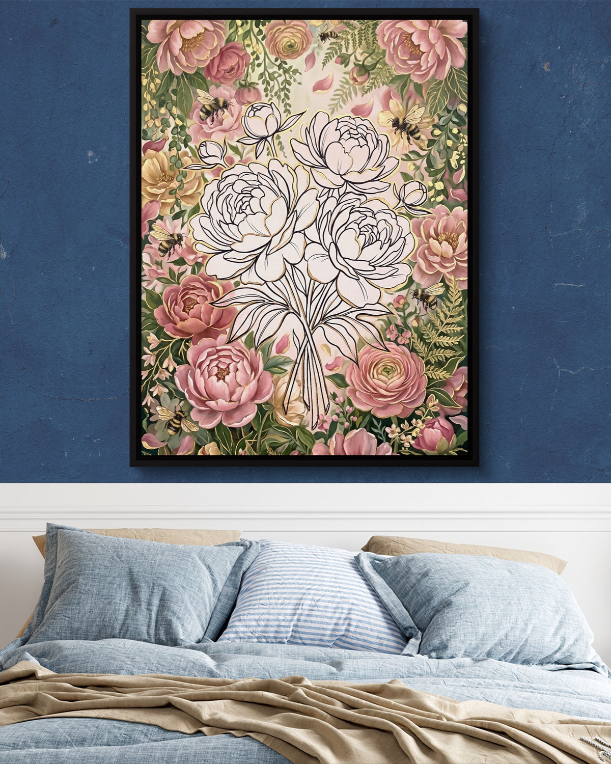 Peonies Golden Gathering — peonies golden gathering psd navy blue bedroom 1port framed black