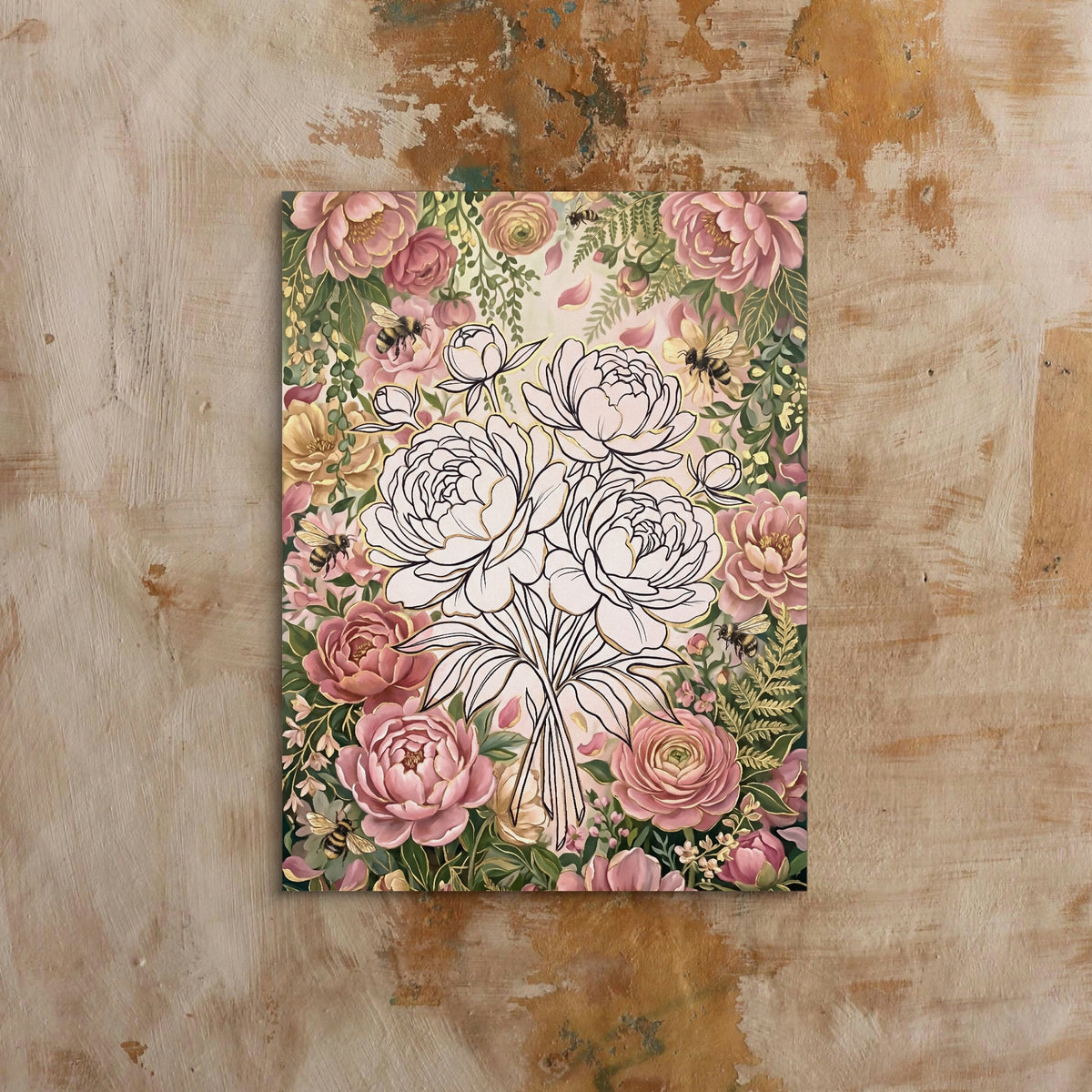 Peonies Golden Gathering — peonies golden gathering sq bed 1 clay beige 1port flush print