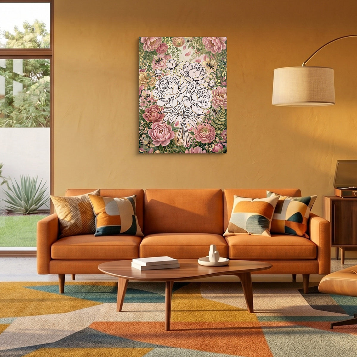 Peonies Golden Gathering — peonies golden gathering sq orange room 2 1port flush print