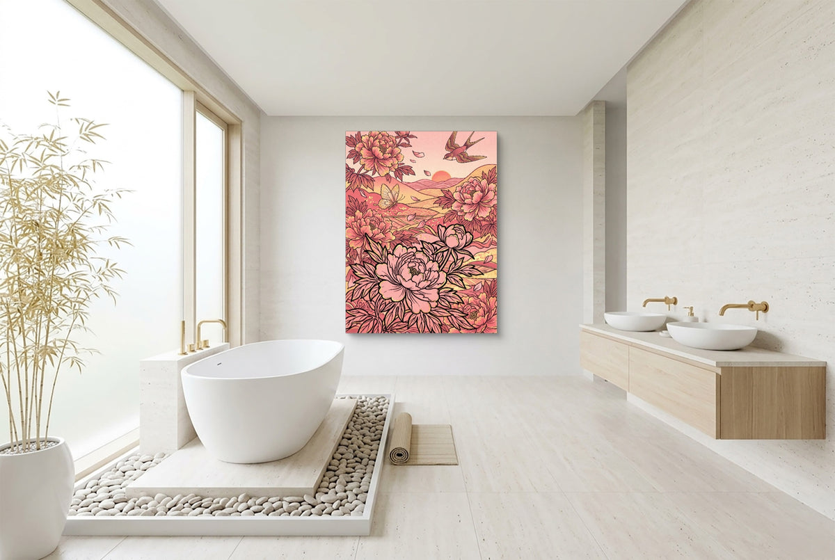 Peonies Golden Sunset — peonies golden sunset bathroom interior with tub 1port flush print