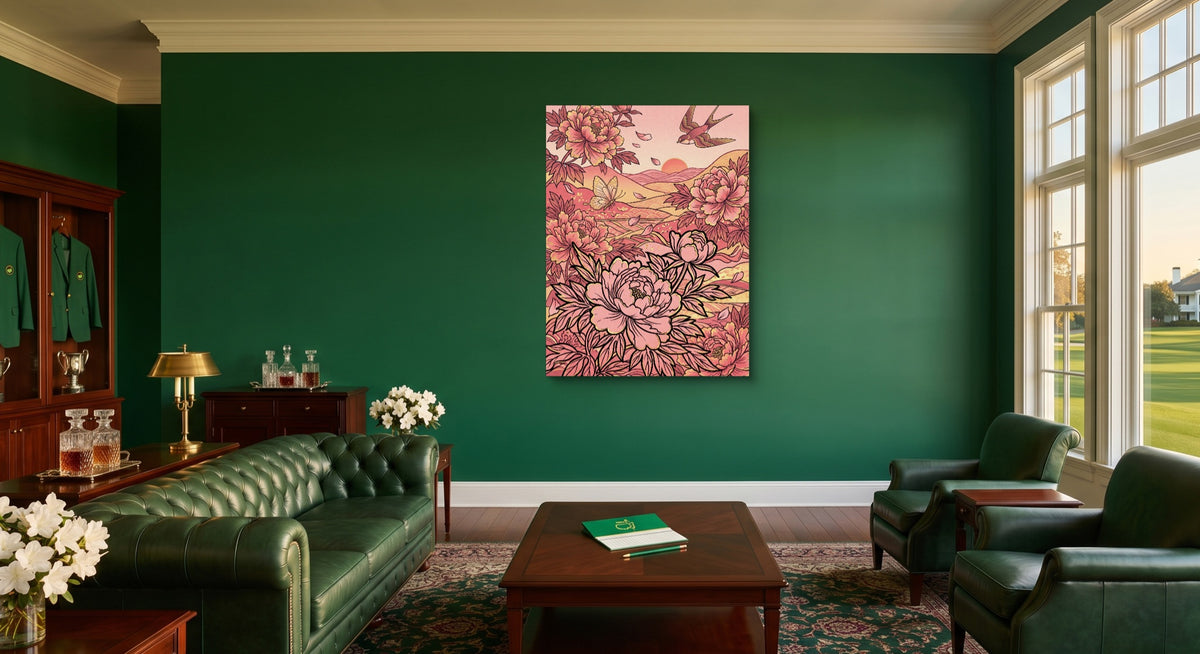 Peonies Golden Sunset — peonies golden sunset living room interior view 1port flush print
