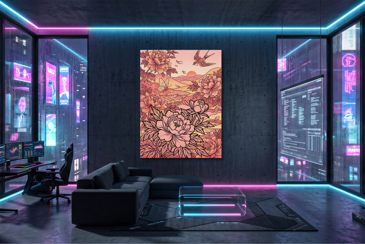 Peonies Golden Sunset — peonies golden sunset modern living room interior 1port flush print