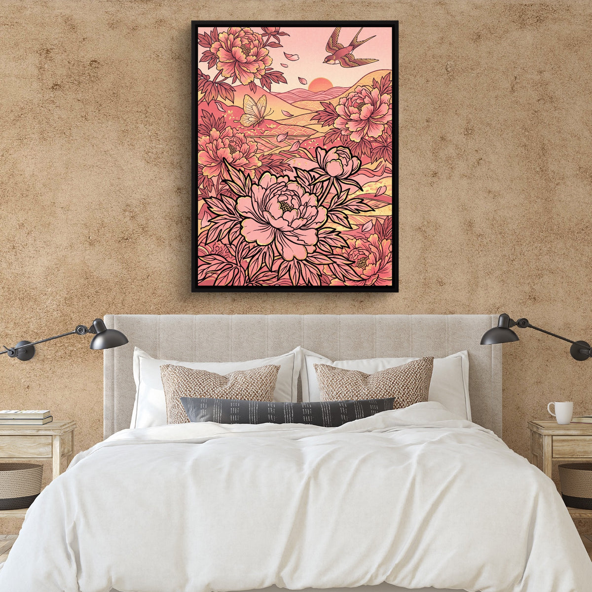Peonies Golden Sunset — peonies golden sunset sq clay paper bedroom 1port framed black