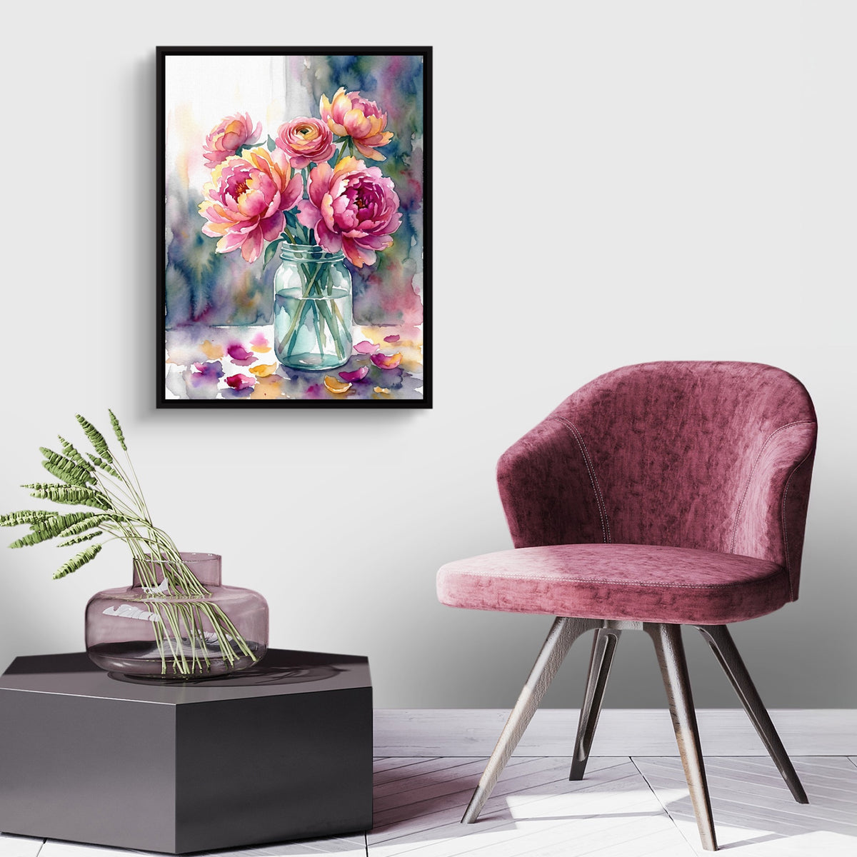 Peonies Watercolor Still — peonies watercolor still sq land purple chair 1port framed black