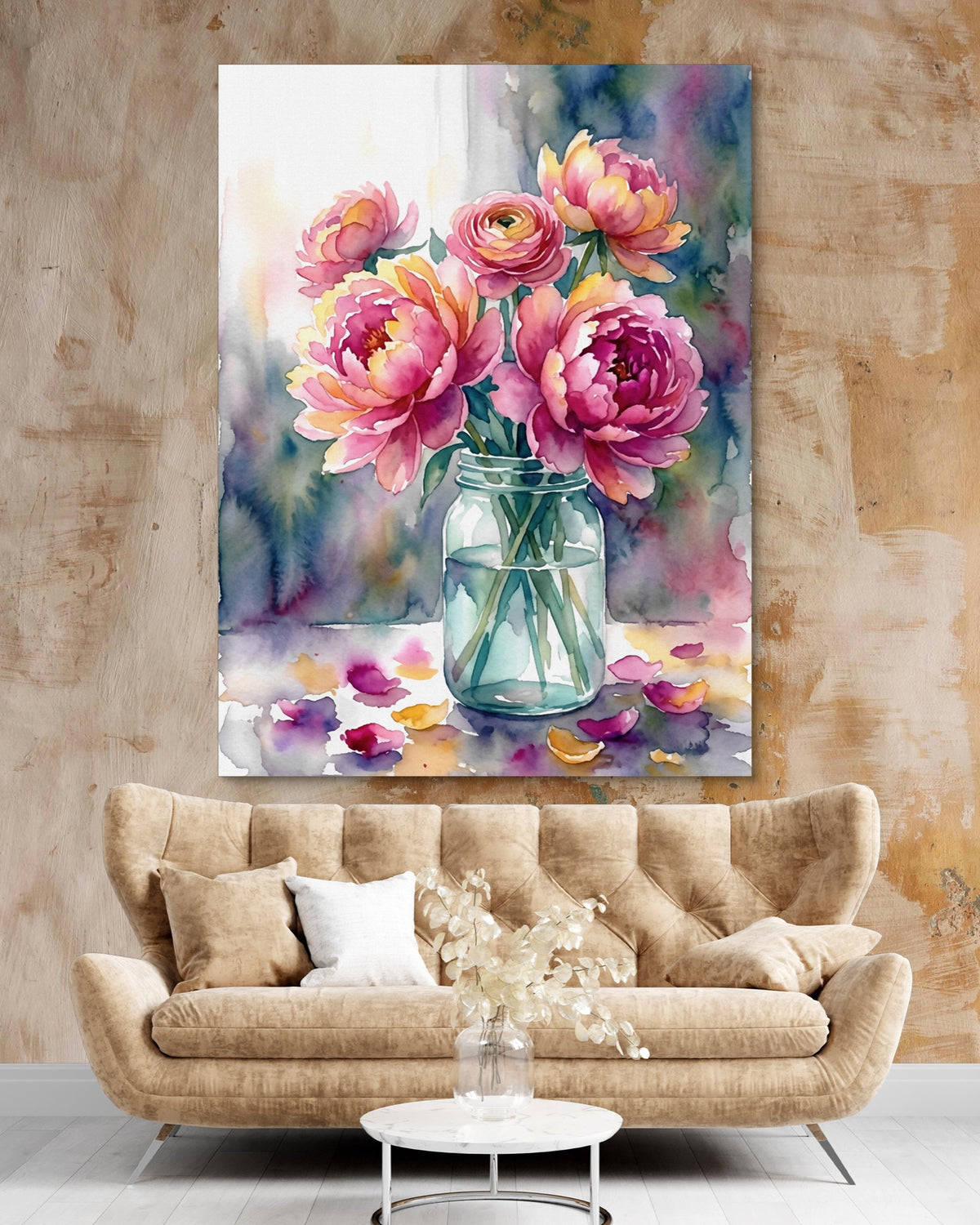 Peonies Watercolor Still — peonies watercolor still psd clay beige nice couch 1port flush print