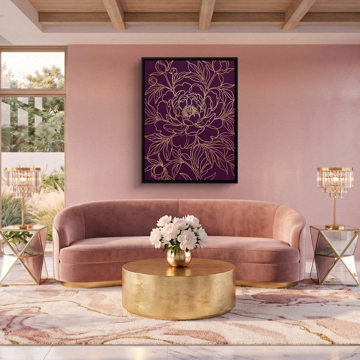 Peony Bloom Gold — peony bloom gold sq pink pleasure 1port framed black