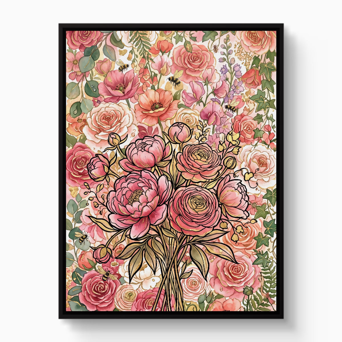 Peony Ranunculus Bouquet — peony ranunculus bouquet white studio framed black