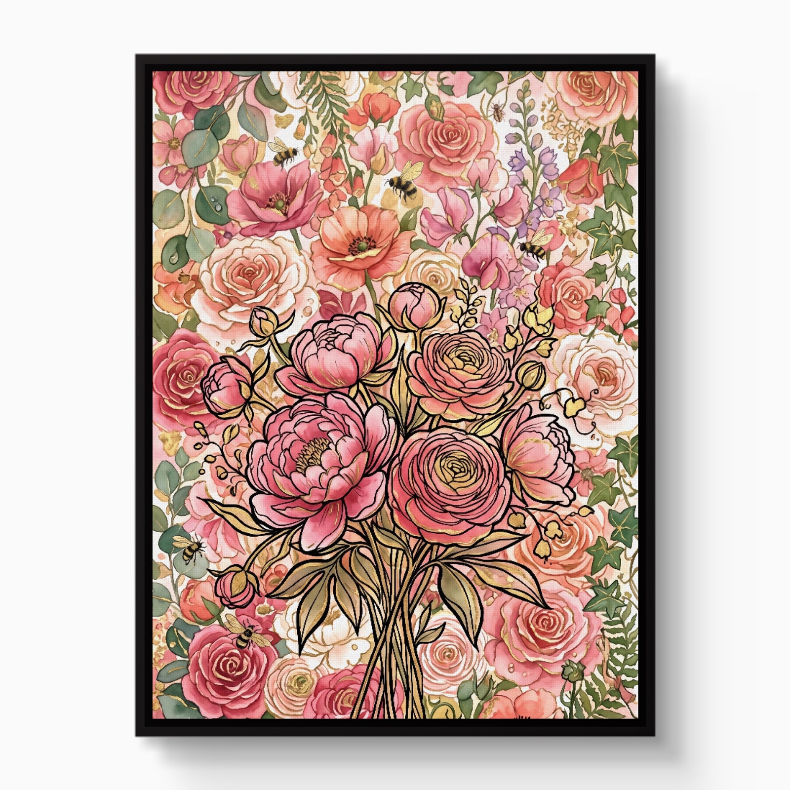 Peony Ranunculus Bouquet — peony ranunculus bouquet white studio framed black