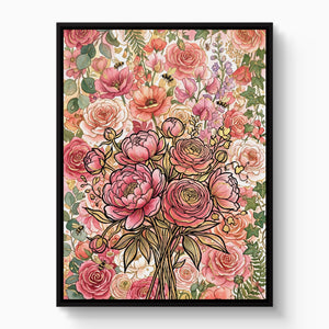 Peony Ranunculus Bouquet — peony ranunculus bouquet white studio framed black