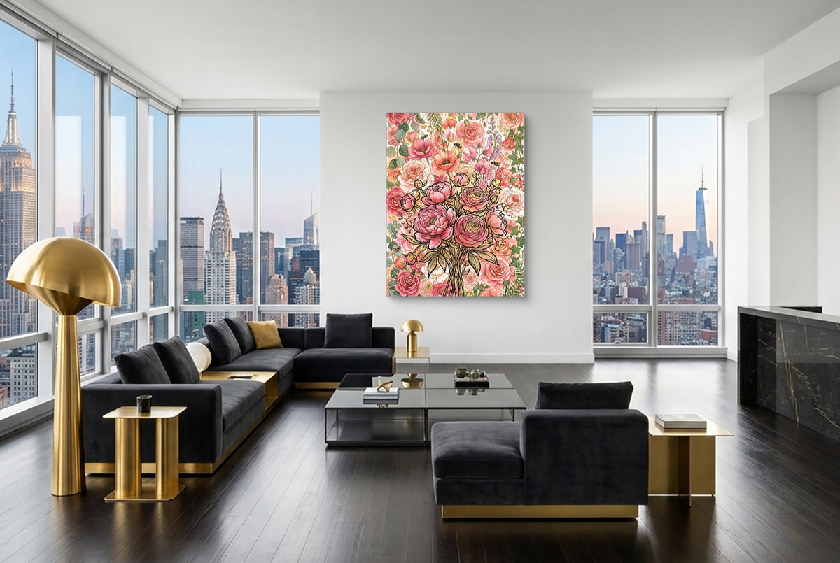 Peony Ranunculus Bouquet — peony ranunculus bouquet modern living room interior 4 1port flush print