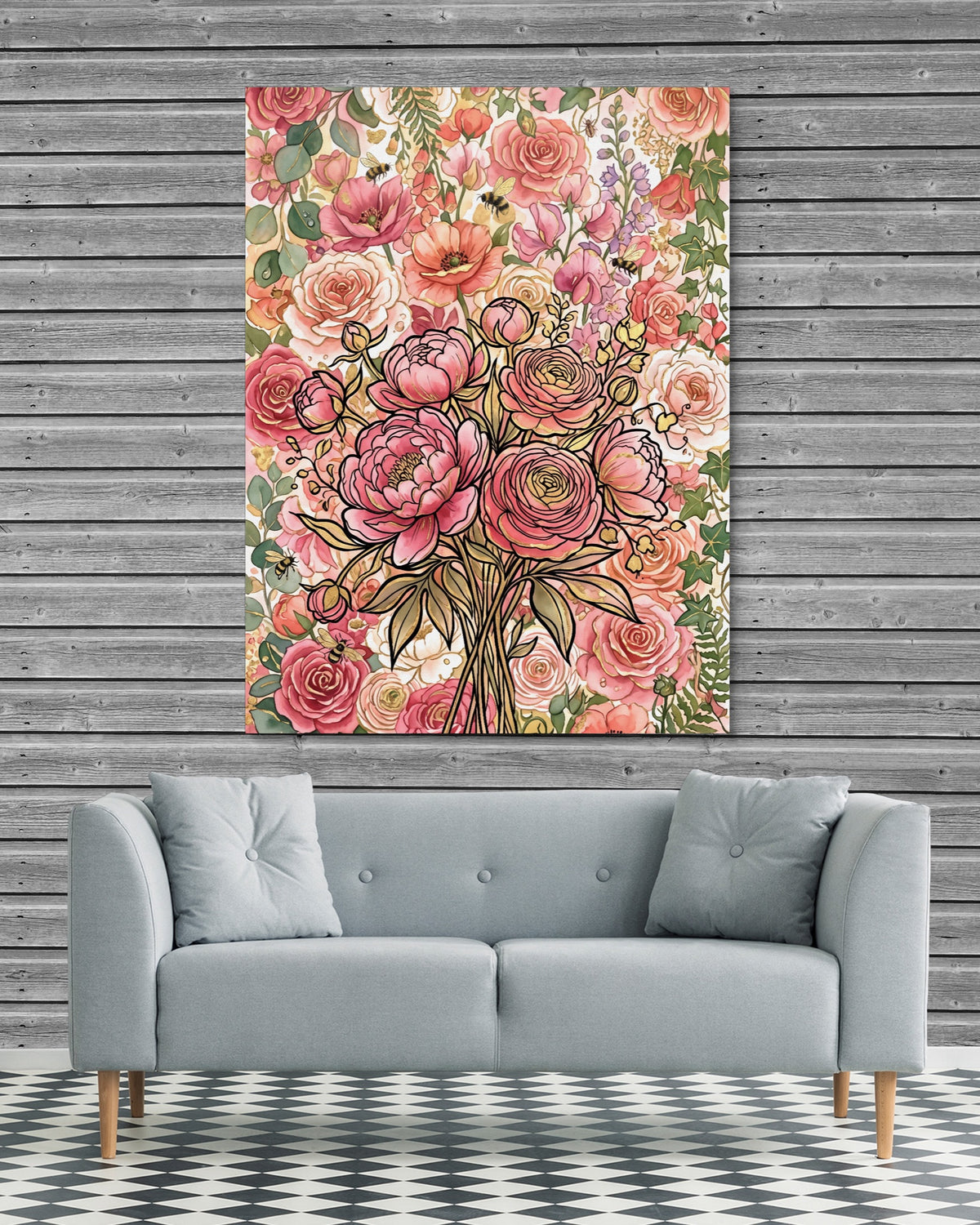 Peony Ranunculus Bouquet — peony ranunculus bouquet psd grey wood checkers couch 1port flush print